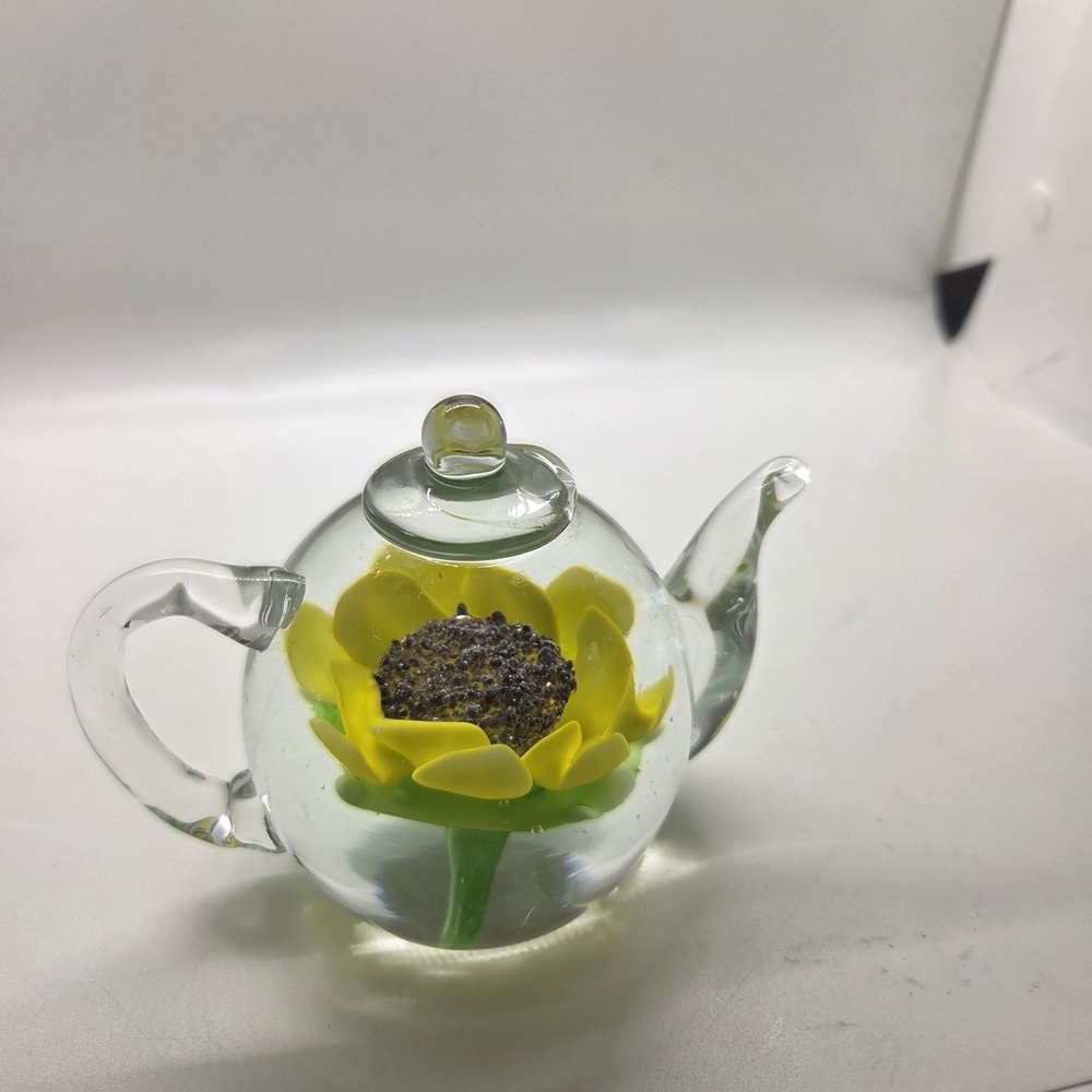 Art Glass Teapot Paperweight Sunflower Yellow Floral Hand Blown Vtg‎ Home Decor